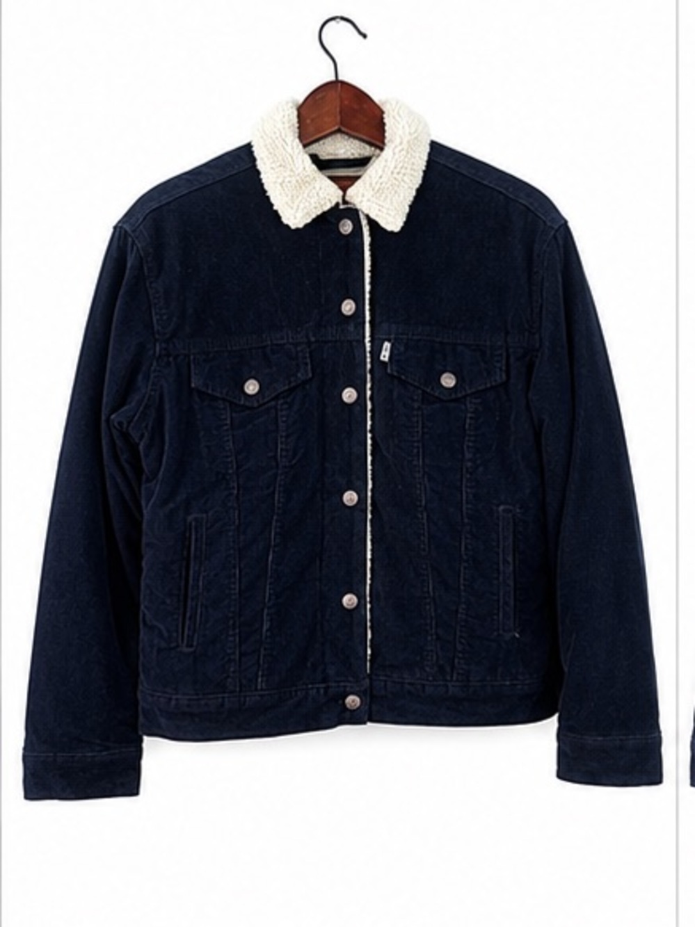 Levi's Premium Corduroy Jacket Fleece Lined Navy Blue Trucker Jacket Mens Small